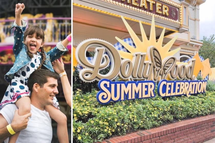 dollywood sign and a little girl on father's shoulders at a theme park