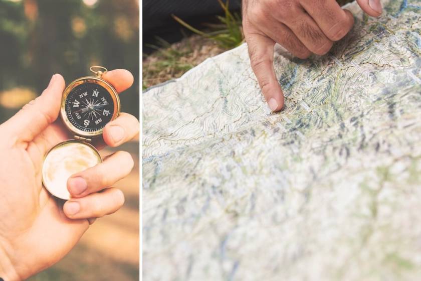 split screen image with a close up of a compass on the left and a trail map on the right