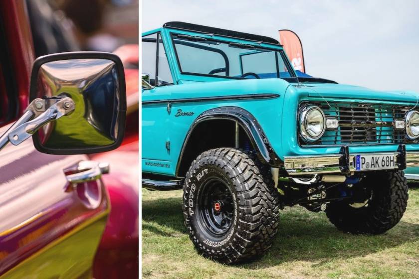 vintage bronco split image with a side mirror close up
