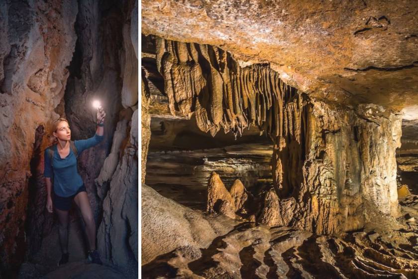split image showing a woman hiking through a cave and a large cavern on the right side of the frame